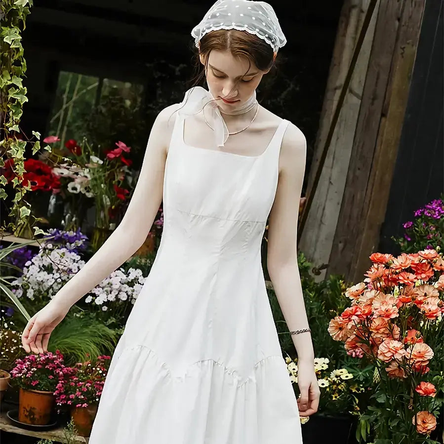 French White Suspender Long Dress