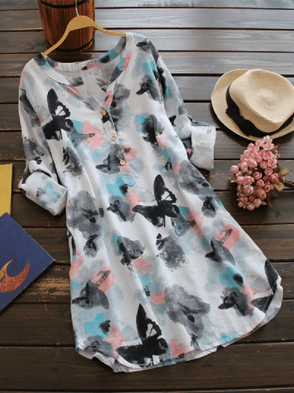 Ink Printed V Neck Buttons Long Sleeve Shirt Dress