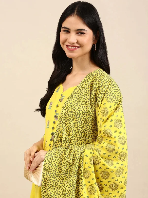 Women's Yellow Floral Kurta Set-BS-1019-Yellow