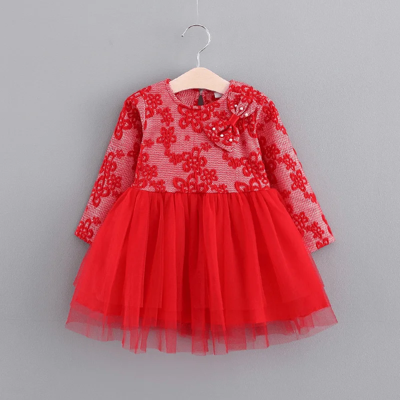 In the Autumn of 2021 New Girls Princess Dress Children Skirt Pearl Ribbon Gauze Long Sleeved Bottoming Baby Skirt