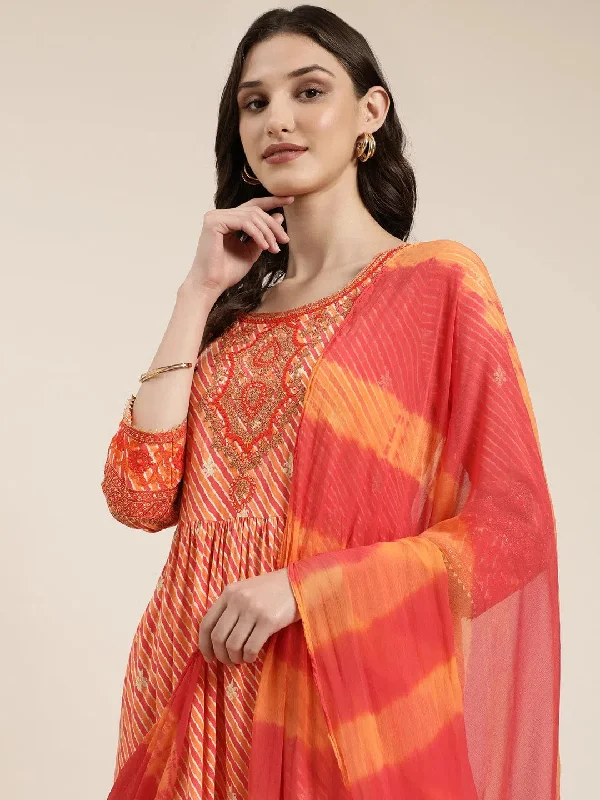 Women Orange Striped Kurta Set-GW-3413-Orange