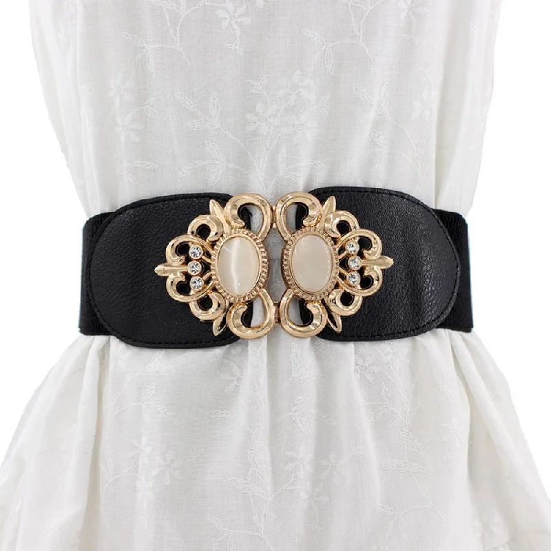 Fashion Metal Buckle Faux Opal Inlaid Elastic Waistband Women Dress Sash Belt