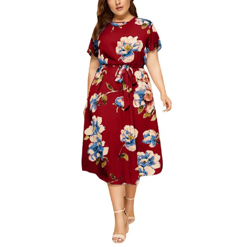 Round neck short sleeve printed waist dress