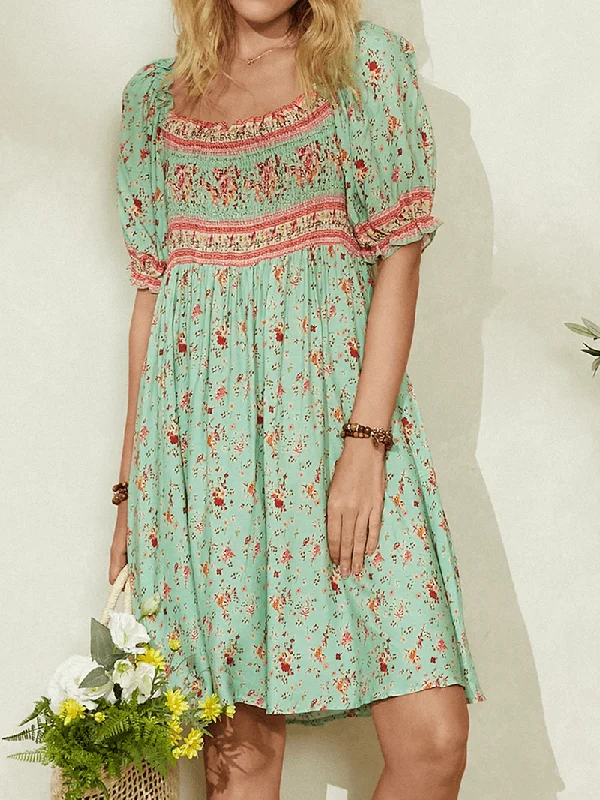 Women Ditsy Floral Print Shirred Detail Half Sleeve Vintage Midi Dresses