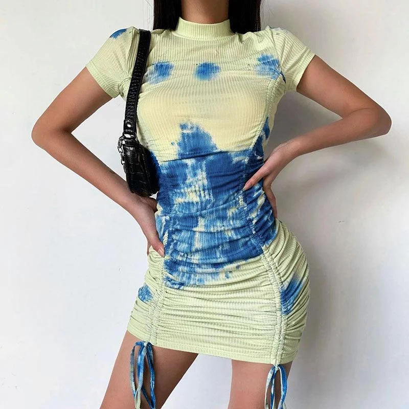 Tie-dye printed drawstring dress skirt