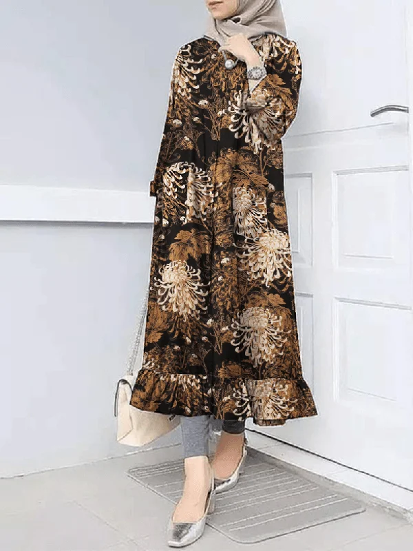 Women Flora Print Ruff Hem O-Neck Casual Bohemian Abaya Kaftan Shirt Dress with Pocket