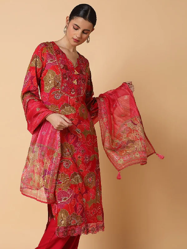 Women Floral Red Straight Kurta Set with Dupatta-GW-4614-Red