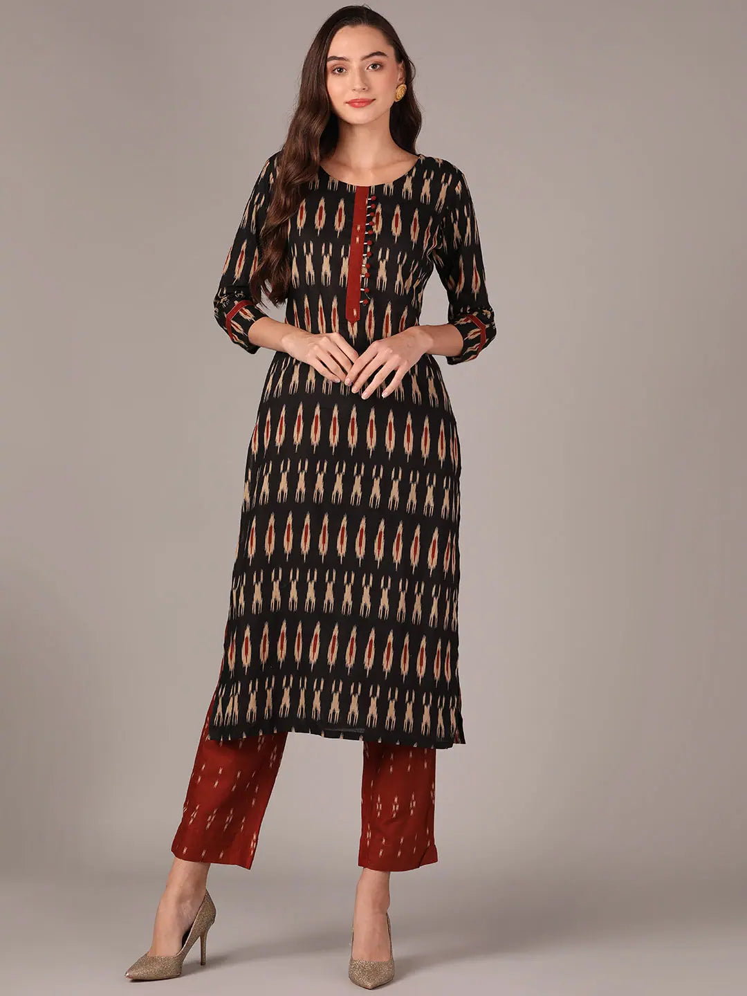 Ahika Women Black Cotton Blend Ethnic Motifs Printed Straight Kurta With Trouser-VKSET1437A_XS