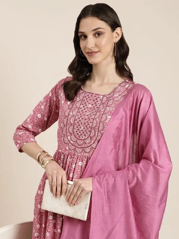 Women Pink Floral Kurta Set-GW-3851-Pink