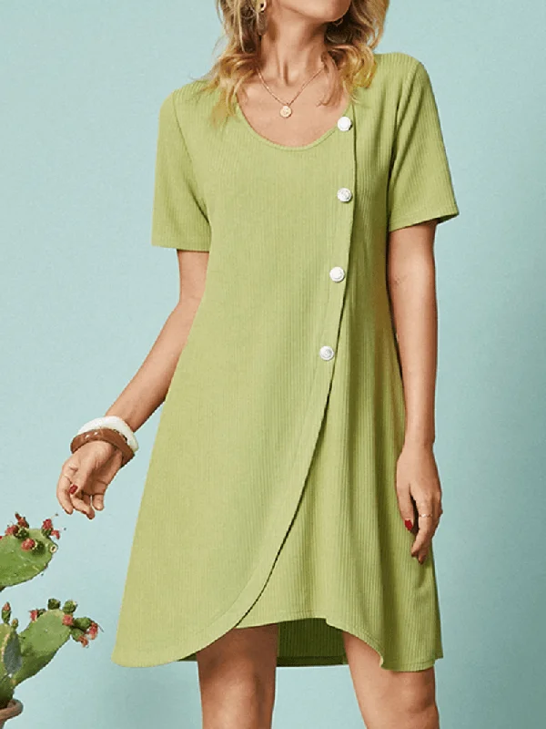 Button Solid Color Short Sleeve O-Neck Casual Dress for Women