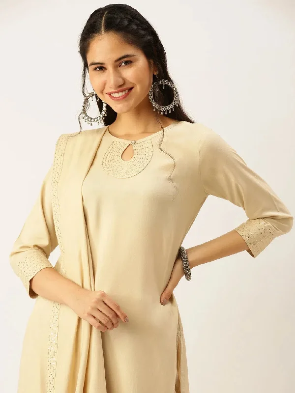 Women's Beige Solid Kurta Sets-NJ-3242638-Beige