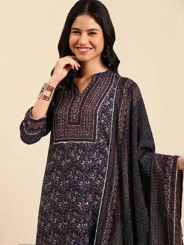 Women's Navy Blue Printed Kurta Set-UB-2673-Navyblue