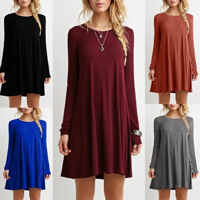 Solid color long-sleeved loose slim dress