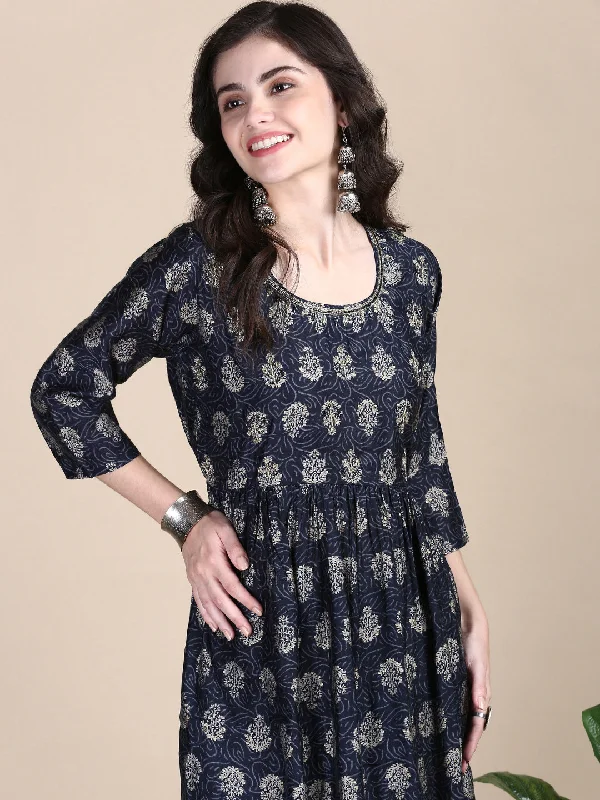 Women Floral Navy Blue A-Line Kurta Set-SKC-1202-Navyblue