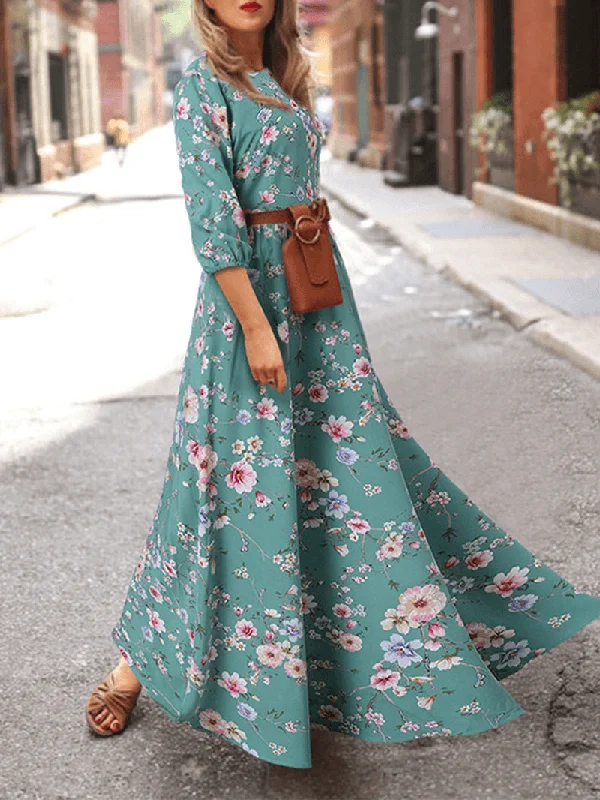 Women Bohemia Floral Print O-Neck Casual Half Sleeve Holiday Maxi Dresses