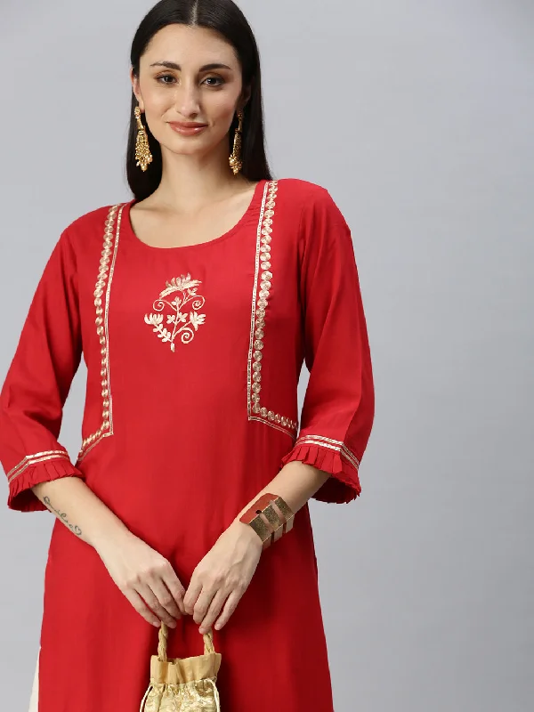 Women Straight Red Solid Kurta and Palazzos-UB1908-Red