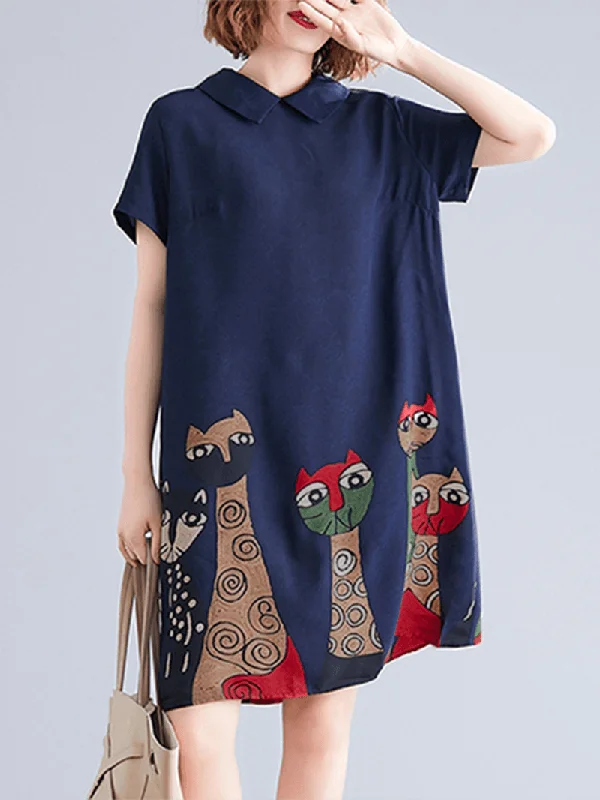 Short Sleeve Lapel Loose Back Button Animal Printed Dress for Women