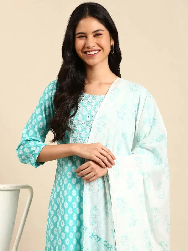 Women's Turquoise Blue Printed Kurta Set-AT-A374-Turquoiseblue