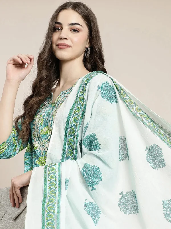 Women Turquoise Blue Floral Kurta Set-RJF-032-Turquoiseblue