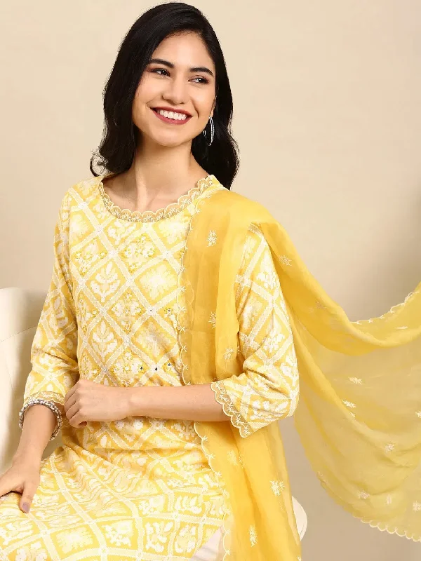 Women's Yellow Printed Kurta Set-GW-2424-Yellow