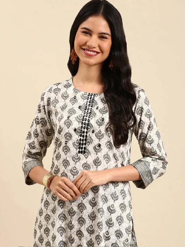 Women's White Printed Kurta Set-SKC-910-Offwhite