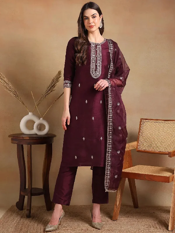 Ahika Women Burgundy Silk Blend Embroidered Straight Kurta Pant Set With Dupatta-PKSKD2334_S