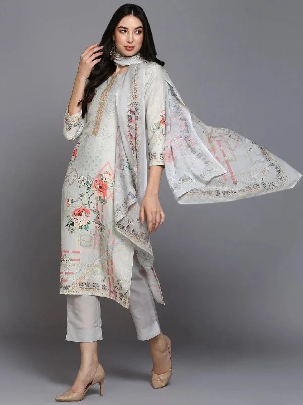 Silk Blend Grey Printed Straight Kurta Pant-PKSKD1968_XS