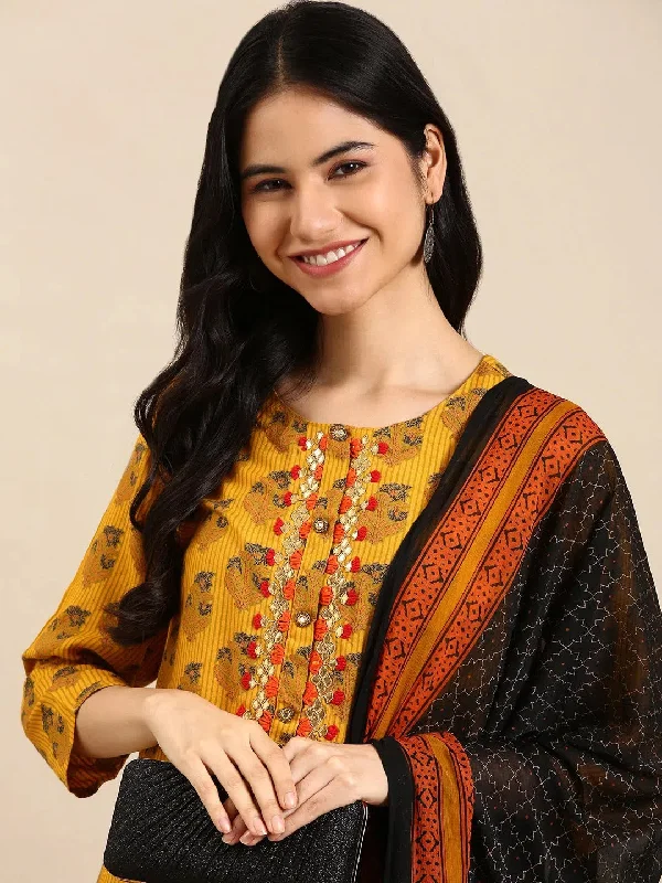 Women's Yellow Floral Kurta Set-GW-1773-Yellow