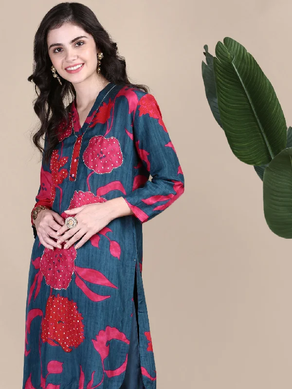 Women Floral Teal Straight Kurta Set-BC-SK-2003-Teal