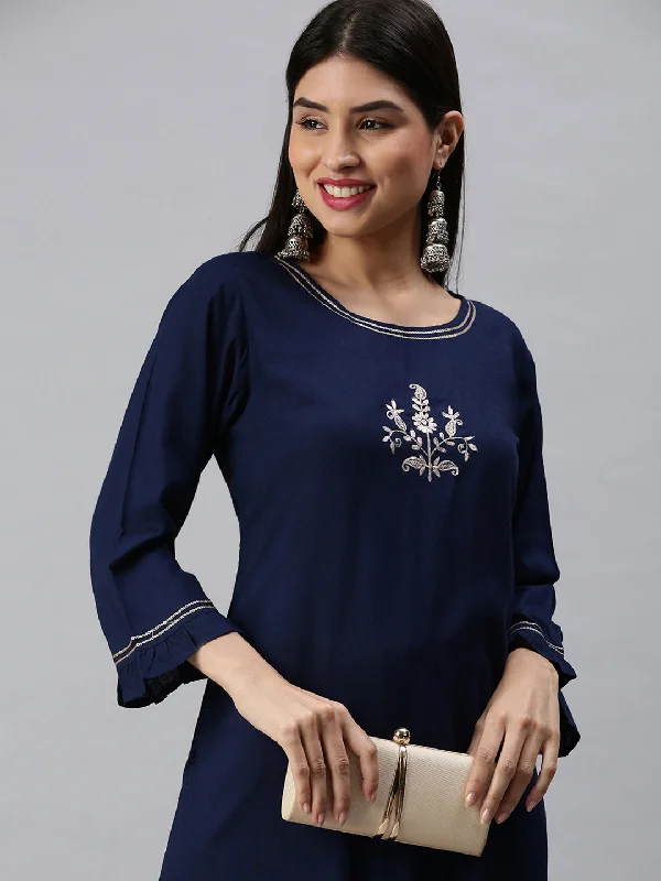 Women Straight Navy Blue Solid Kurta and Trousers-UB1097-Navyblue