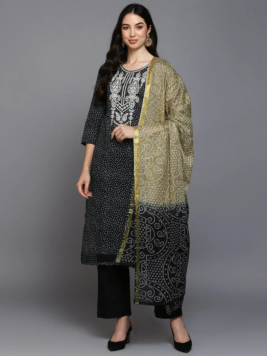 Cotton Black Bandhani Printed Straight Kurta Pant