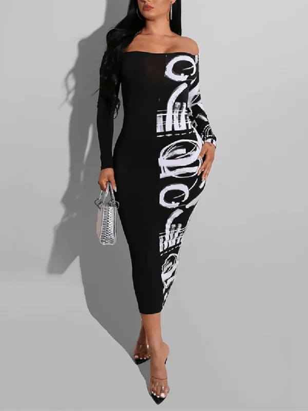 Alphabet Graffiti Patchwork off Shoulder Black Bodycon Maxi Dress