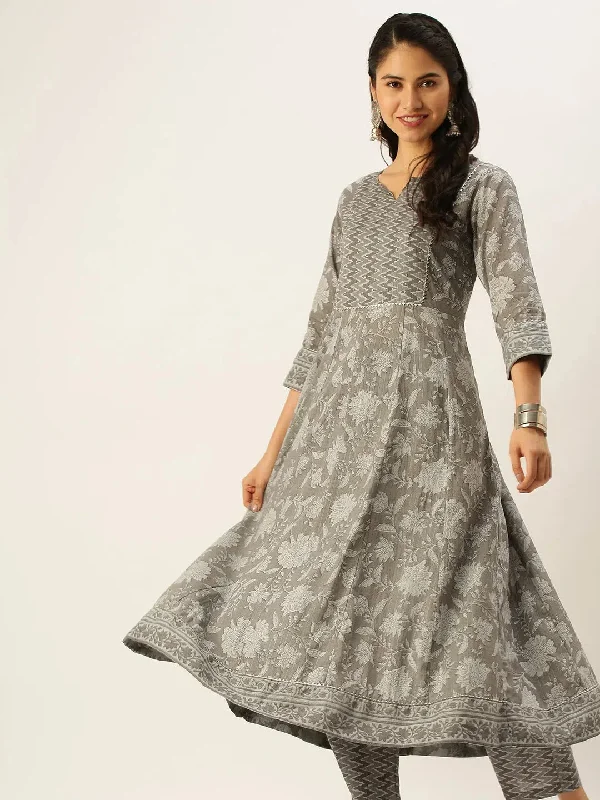 Women's Grey Printed Kurta Sets-RF-1335-Grey