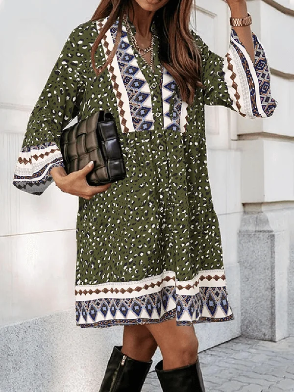 V-Neck Full Sleeve Floral Printed Bohemian Loose Dress for Women