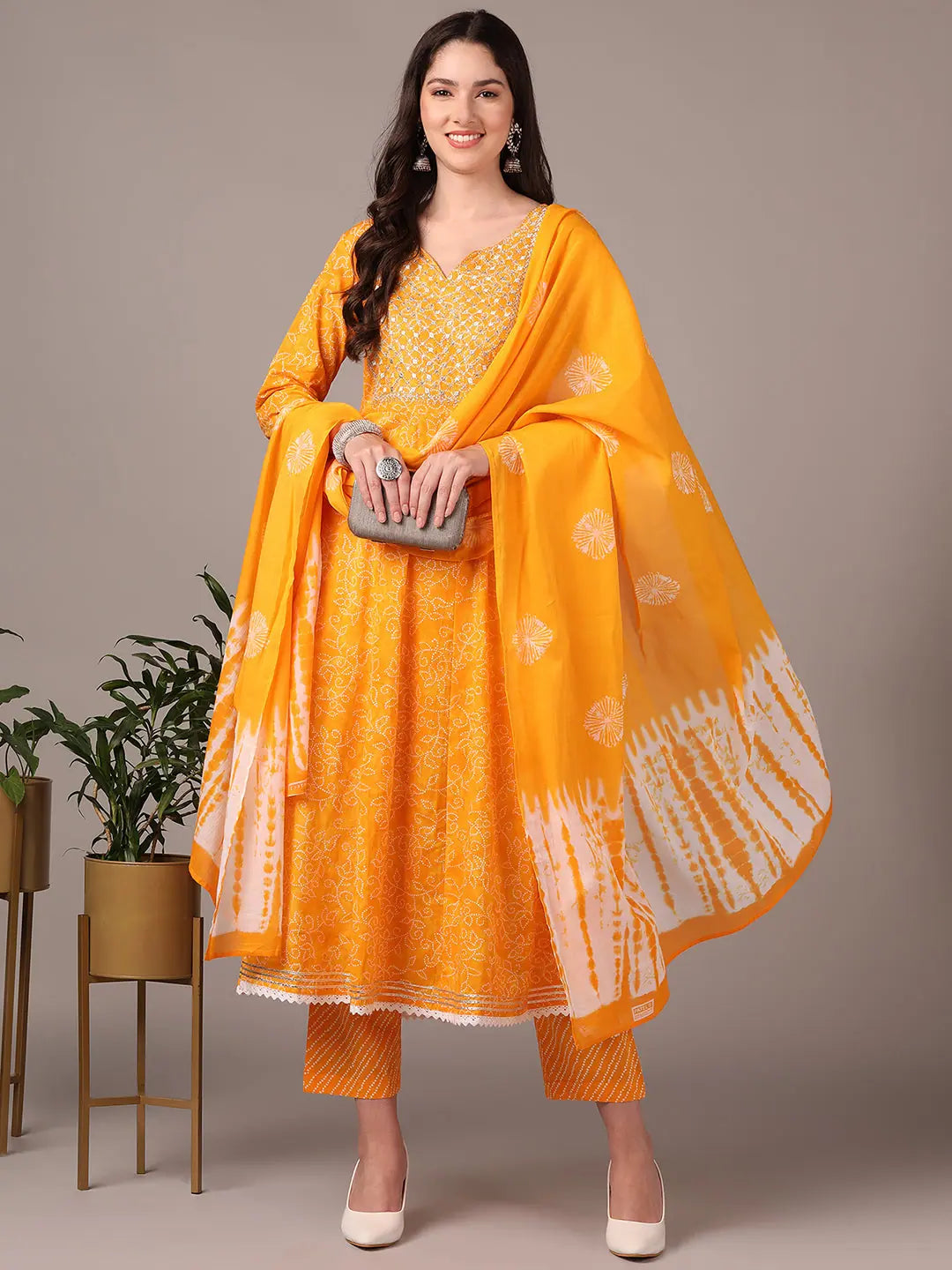 Ahika Women Yellow Pure Cotton Bandhani Yoke Design Thread Work Anarkali Kurta Trouser With Dupatta