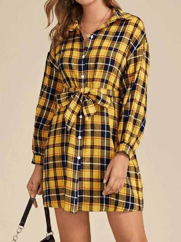 Chic Long Sleeved Lapel Belted Long Sleeve Plaid Shirt Dress for Women