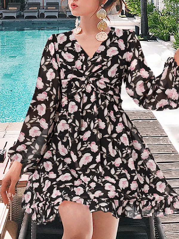 100% Polyester with Back Zipper Floral Dress for Women