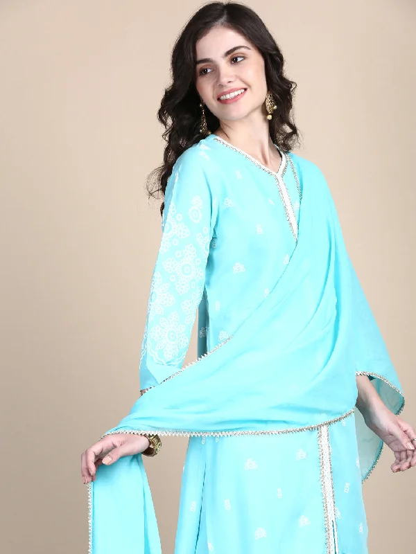 Women Ethnic Motifs Blue Straight Kurta Set with Dupatta-GW-4344-Blue