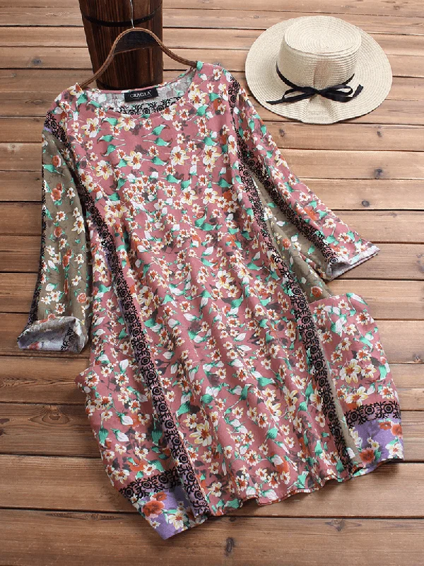 Vintage Women Random Floral Print Crew Neck 3/4 Sleeve Dress