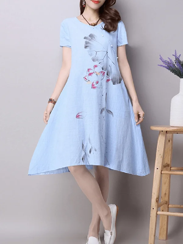 Vintage Women Print Loose Short Sleeve Dresses