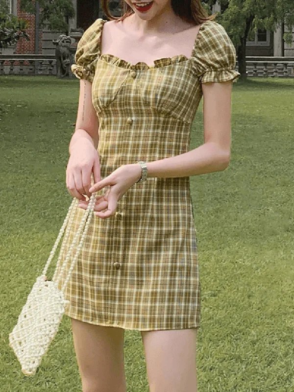 Puff Sleeve Ruffles Square Neck Summer Holiday Mini Dress for Women