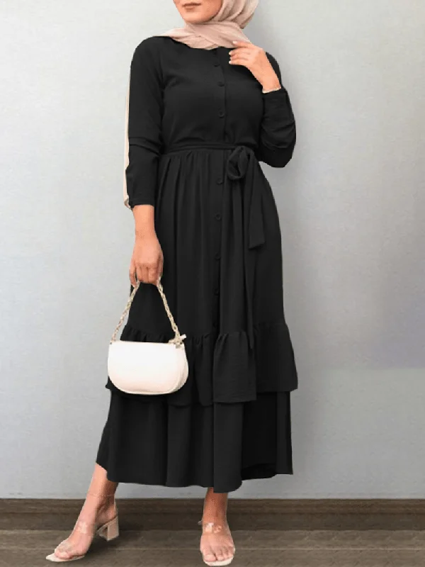 Women Button Front O-Neck Tiered Ruffle Hem Belted Kaftan Maxi Dresses