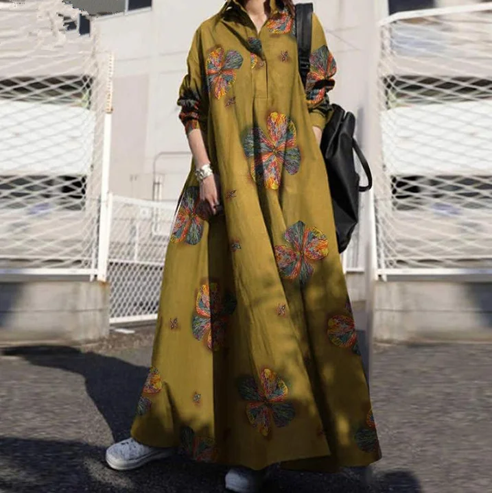 Women Floral Printing V-Neck Long Sleeve Button Holiday Casual Maxi Shirt Dress