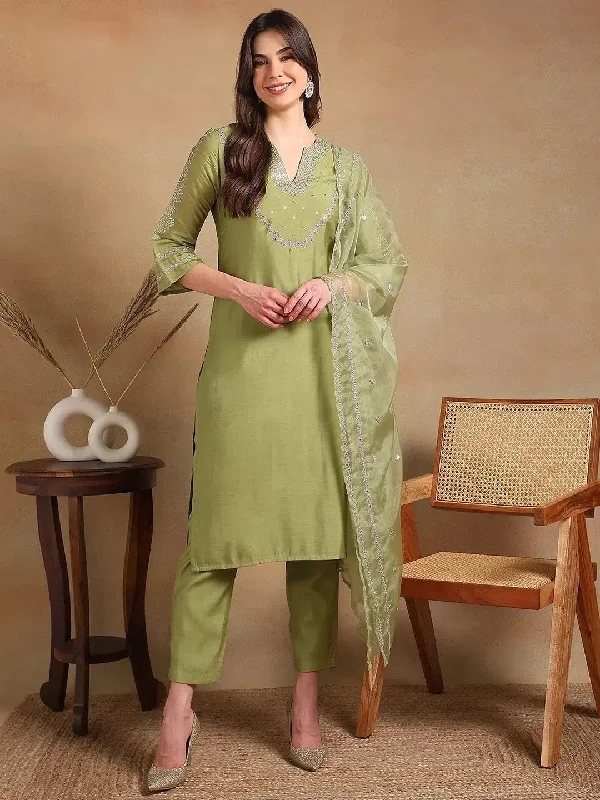 Ahika Women Olive Silk Blend Embroidered Straight Kurta Pant Set