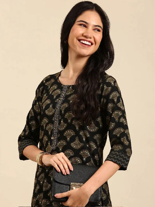 Women's Black Printed Kurta Set-SKC-7911-Black