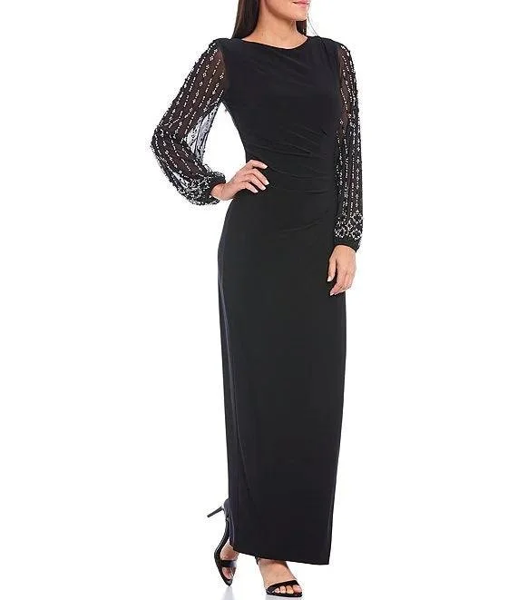 Marina Long Sleeve Formal Beaded Chiffon Dress