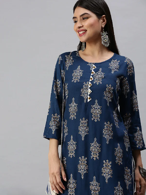 Women Straight Blue Printed Kurta and Trousers-UB2189-Blue