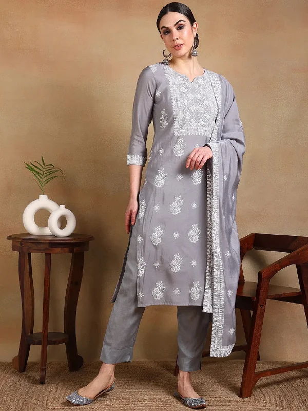 Ahika Women Grey Silk Blend Solid Straight Kurta Pant Set With Dupatta