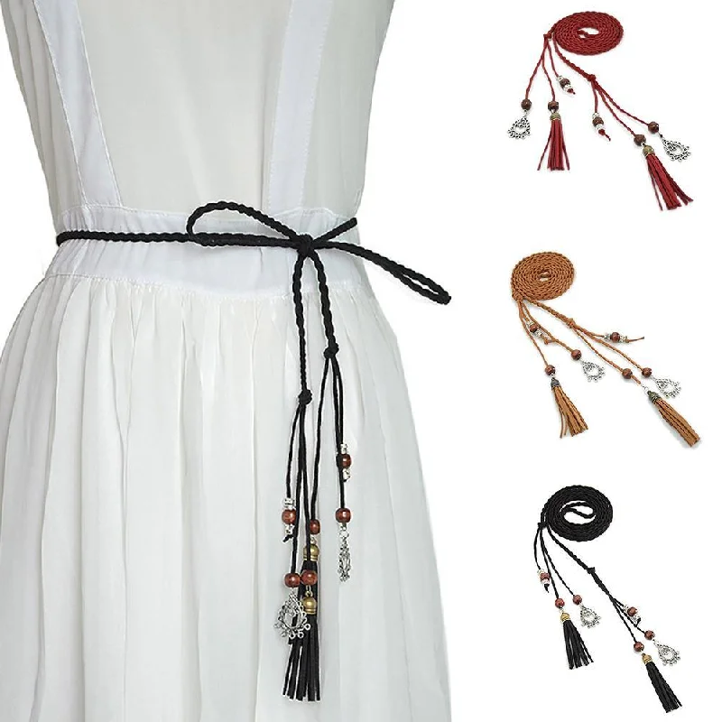 Women Braided Beads Tassels Thin Skinny Waist Rope Belt Self-Tie Dress Waistband