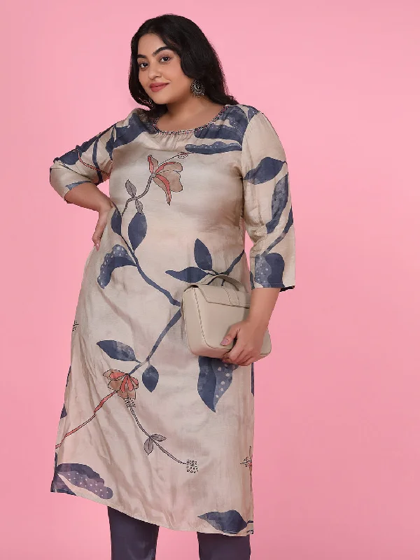 Women Floral Beige Straight Kurta Set-DW-3562-Beige